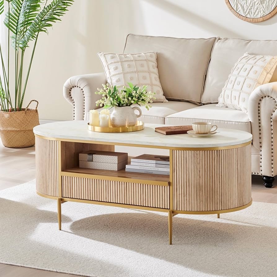 Amazon.com: OKD Modern Luxury Fluted Coffee Table, 48" Oval Coffee Table with Drawer, Faux Marble... | Amazon (US)
