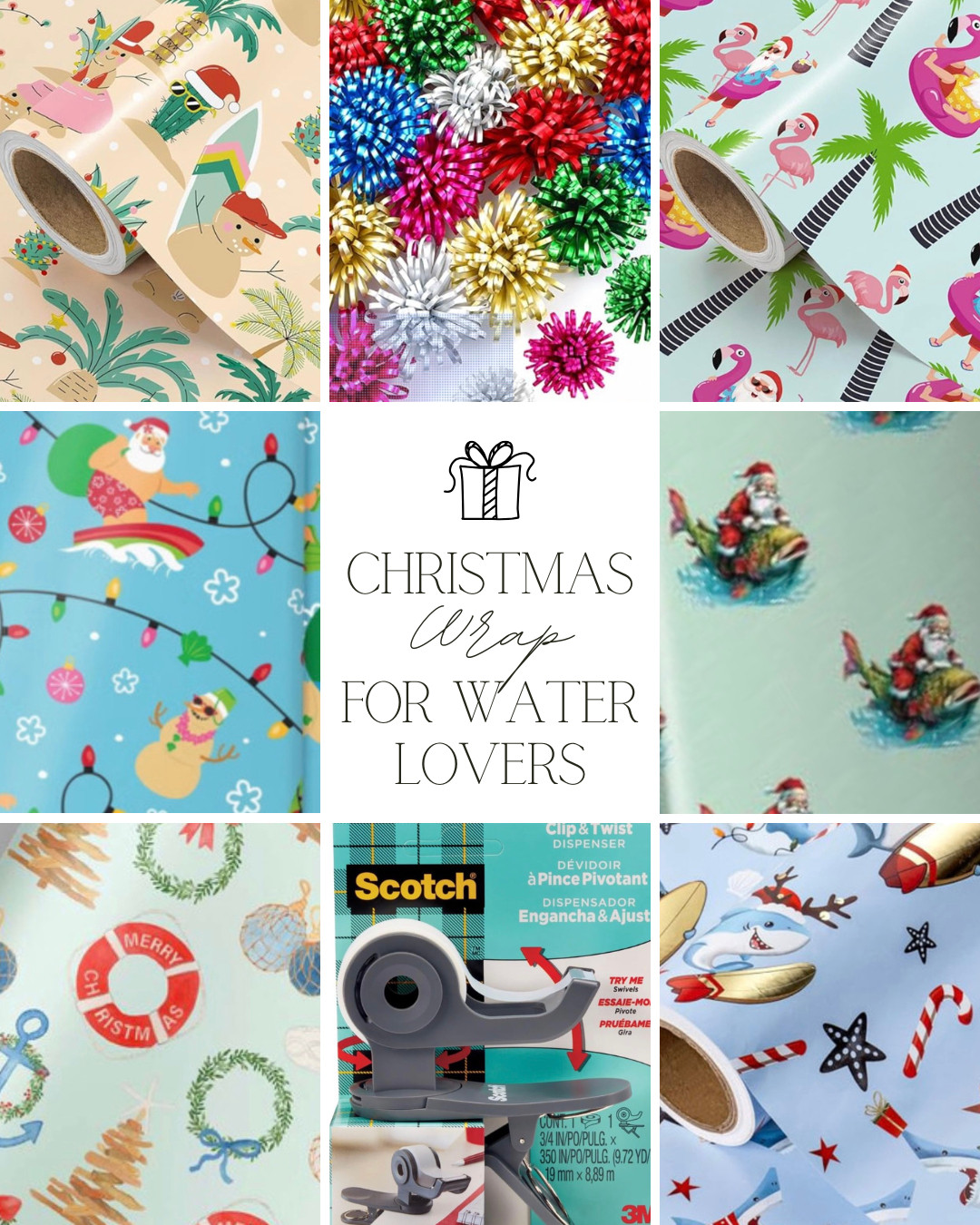 Wrapping season is officially here and 
I rounded up the cutest water-inspired Christmas wrap for all of us lake + beach lovers. From surfing Santas to flamingo floats, every roll links straight to fast shipping so you can wrap it all up before the weekend ends.

I also added a color-coordinated bow set and my favorite clip-on tape dispenser (the ultimate wrapping hack 🙌) no more yelling ... where is the tape! 

Tap to shop everything you need to finish strong! 

 #LTKHoliday #LTKSeasonal