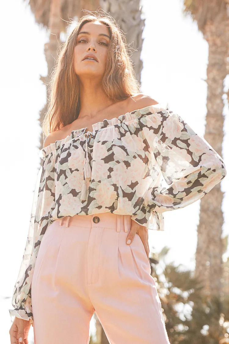 Perfect Passion Black Floral Print Off-the-Shoulder Bodysuit | Lulus (US)