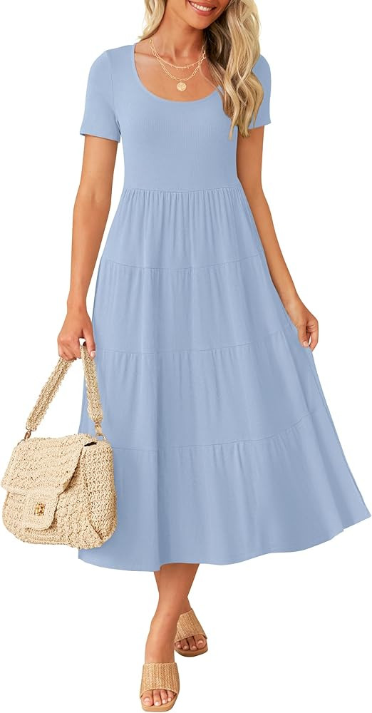 ZESICA Women's 2024 Summer Casual T Shirt Dress Short Sleeve Scoop Neck Flowy Tiered Beach Midi D... | Amazon (US)