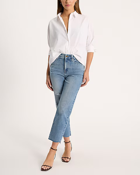 High Waisted Light Wash Flexx Ripped Raw Hem Straight Ankle Jeans | Express