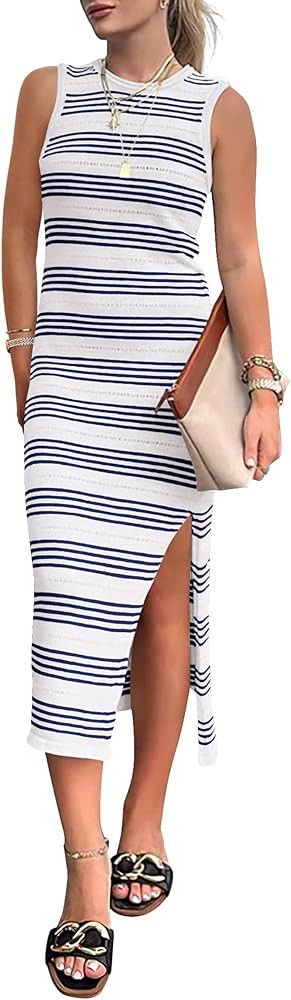 PRETTYGARDEN Women's 2025 Summer Dresses Casual Sleeveless Hollow Out Knit Side Slit Striped Midi... | Amazon (US)