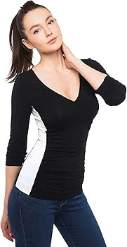 AmélieBoutik Women Color Block V Neck Faux Wrap Long Sleeve Blouse Top | Amazon (US)