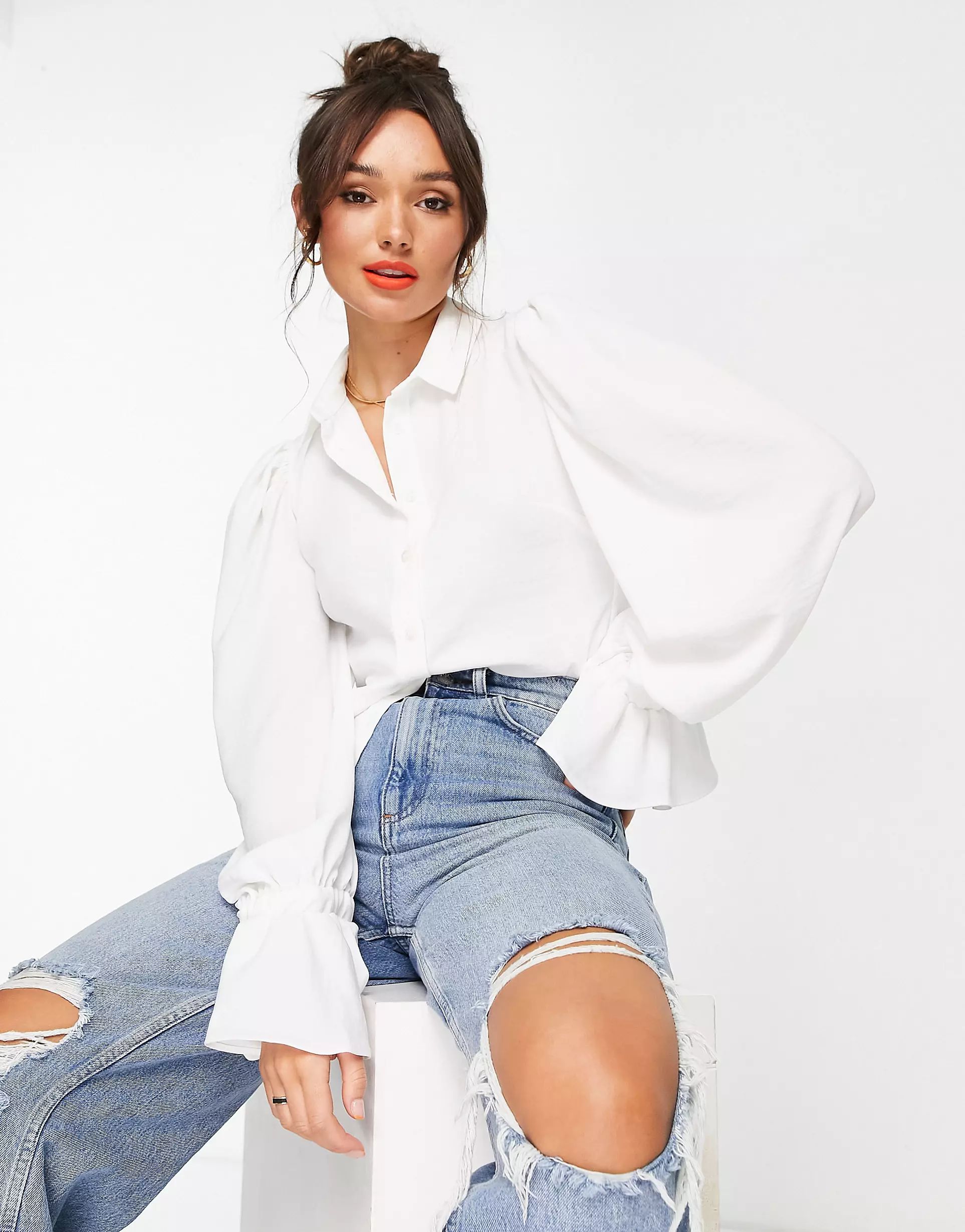ASOS DESIGN volume sleeved soft shirt with ruffle cuffs in ivory | ASOS (Global)