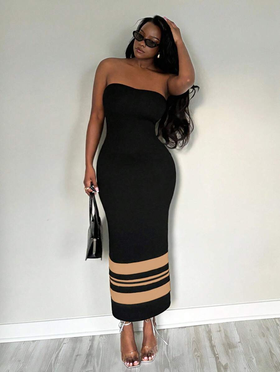 SHEIN SXY Plus Size Women's Spring/Summer Tight Bandeau Patchwork Khaki And Black Dress, Suitable... | SHEIN