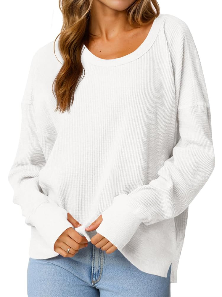 Fisoew Womens Casual Crewneck Sweatshirt Waffle Knit Long Sleeve Side Slit Loose Fit Fall Shirts ... | Amazon (US)