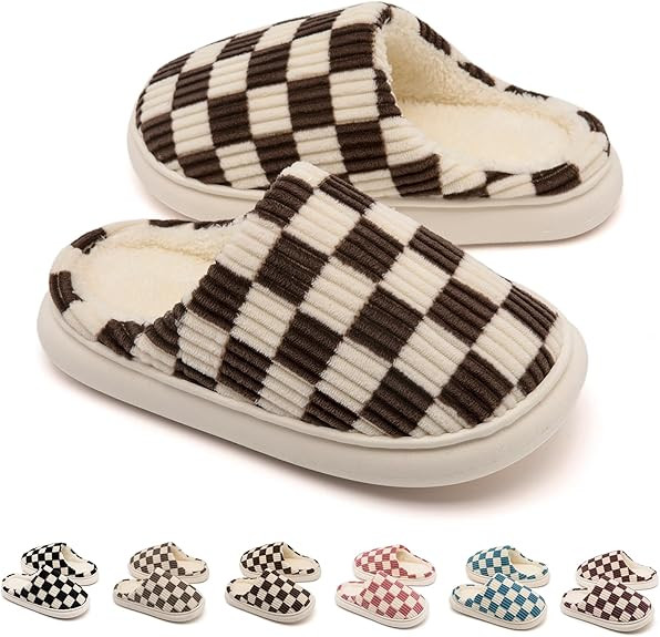 House Slippers for Women Men, Mens Slippers on Fuzzy House Slippers Memory Foam Checkered Slipper... | Amazon (US)