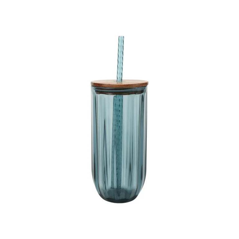 Better Homes & Gardens Fluted 21-Ounce Tritan Plastic Sipper and Straw with Acacia Wood Lid, Blue | Walmart (US)