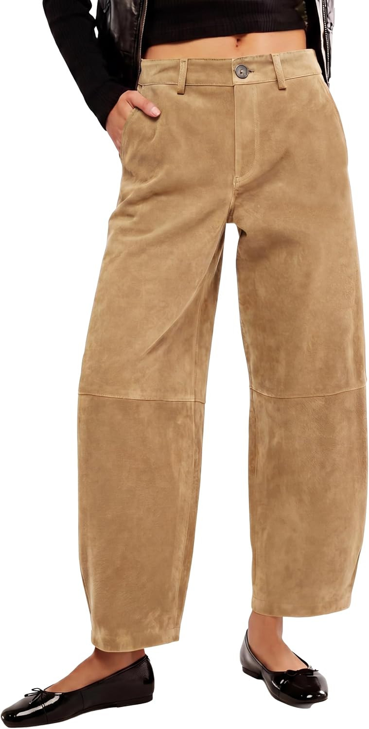 Tankaneo Womens Faux Suede Barrel Pants High Waisted Wide Leg Trousers | Amazon (US)