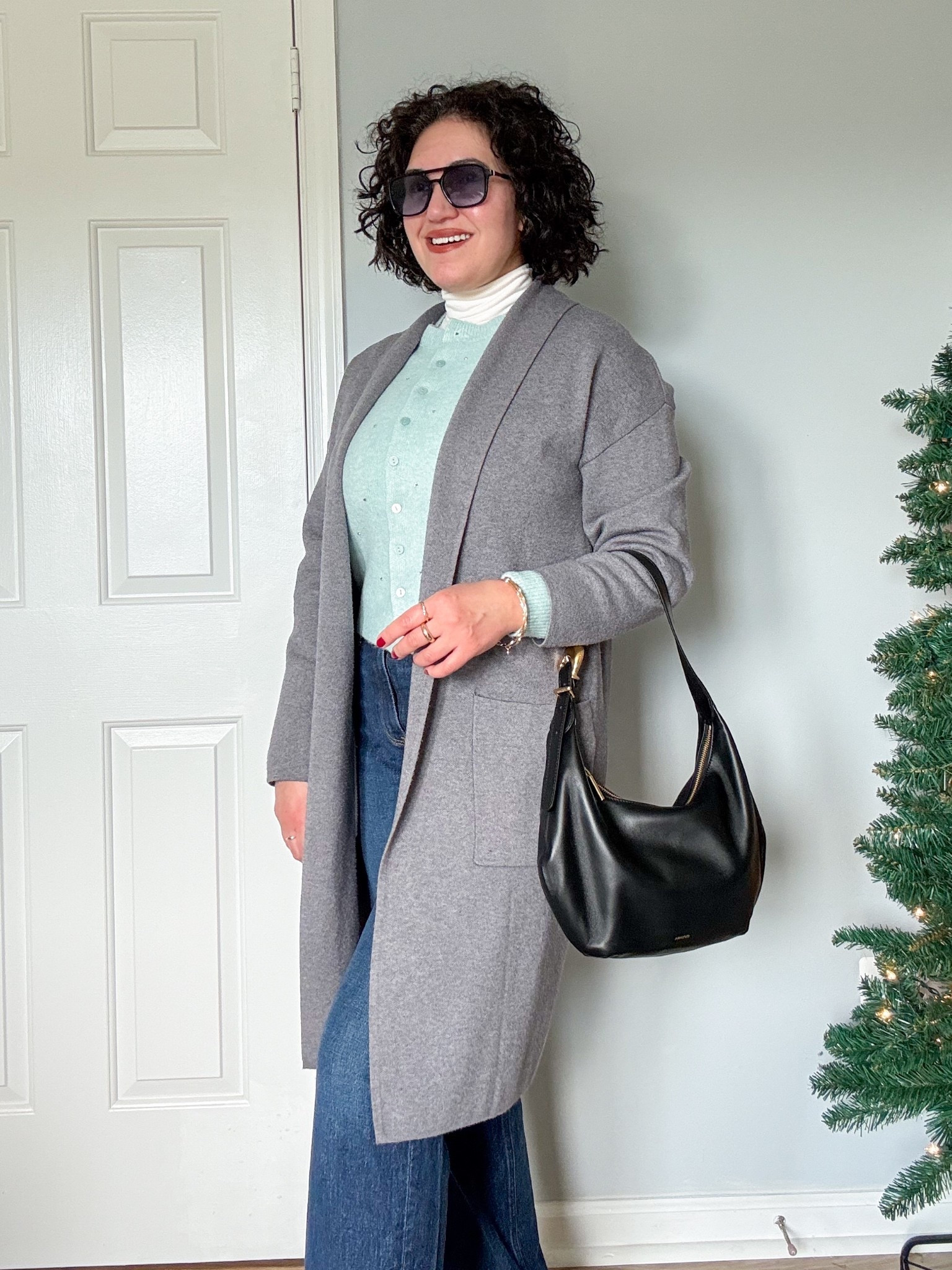 Winter outfit, holiday outfit, cardigan, grey coat, jeans, loafers

#LTKHoliday #LTKOver40