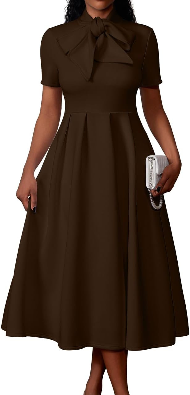 Memoriesea Women's Elegant Casual Short Sleeve Work Party A-Line Dress with Pockets | Amazon (US)