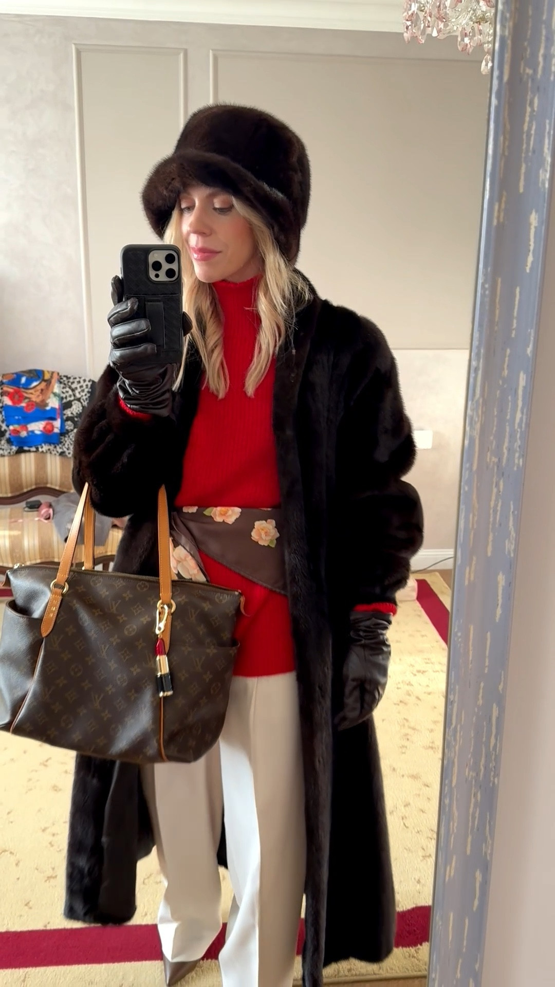 Winter workwear, vintage fur coat, fur bucket hat, red sweater, Ferragamo silk scarf, cream trousers, Louis Vuitton tote bagg

#LTKWorkwear #LTKootd #LTKOver40