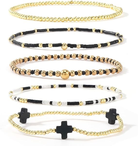 Gold Beaded Bracelets Stack for Women Stackable 14K Gold Plated Beads Ball Cross Bracelet Boho Ch... | Amazon (US)