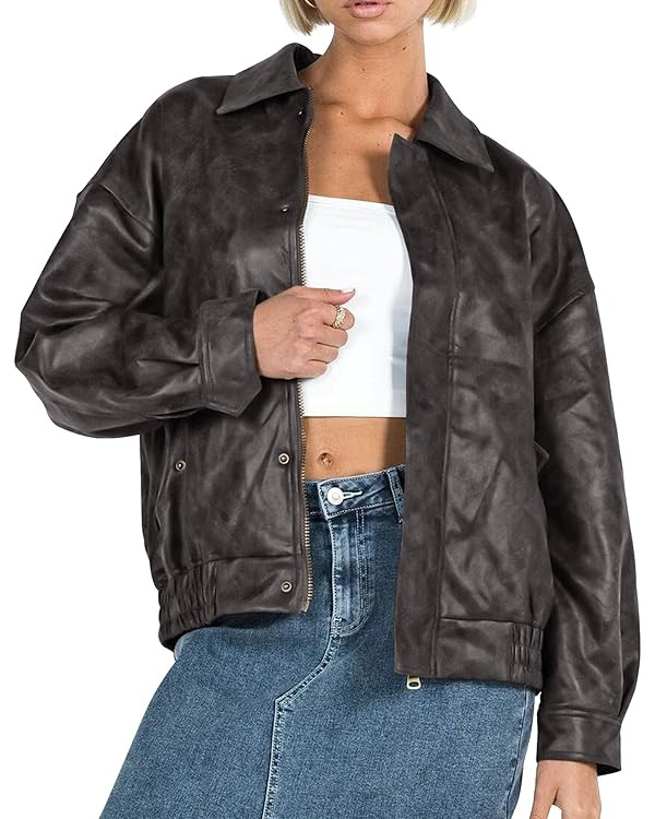 PRETTYGARDEN Women's Faux Leather Motorcycle Jacket Trendy Fall Spring Clothes Oversized Zip Up W... | Amazon (US)