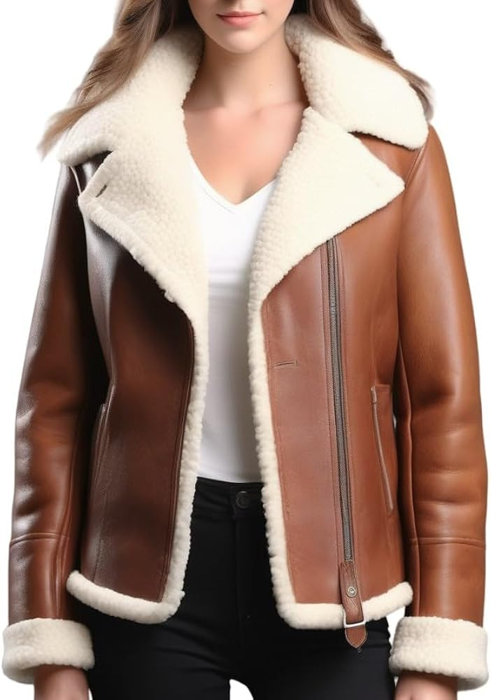 Lady’s Brown Genuine Sheepskin Sherpa Shearling Fur fashionable Leather Jacket | Amazon (US)