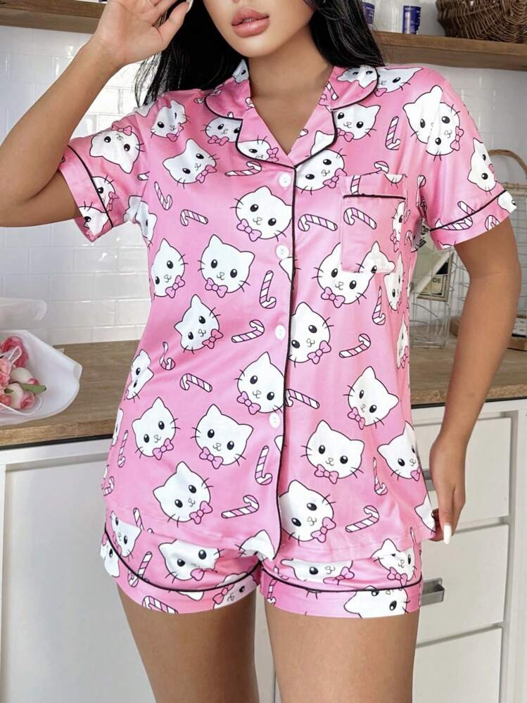 SweetSlumber 2pcs Cute Kitten All-Over Print Lapel Women Pajama Set | SHEIN