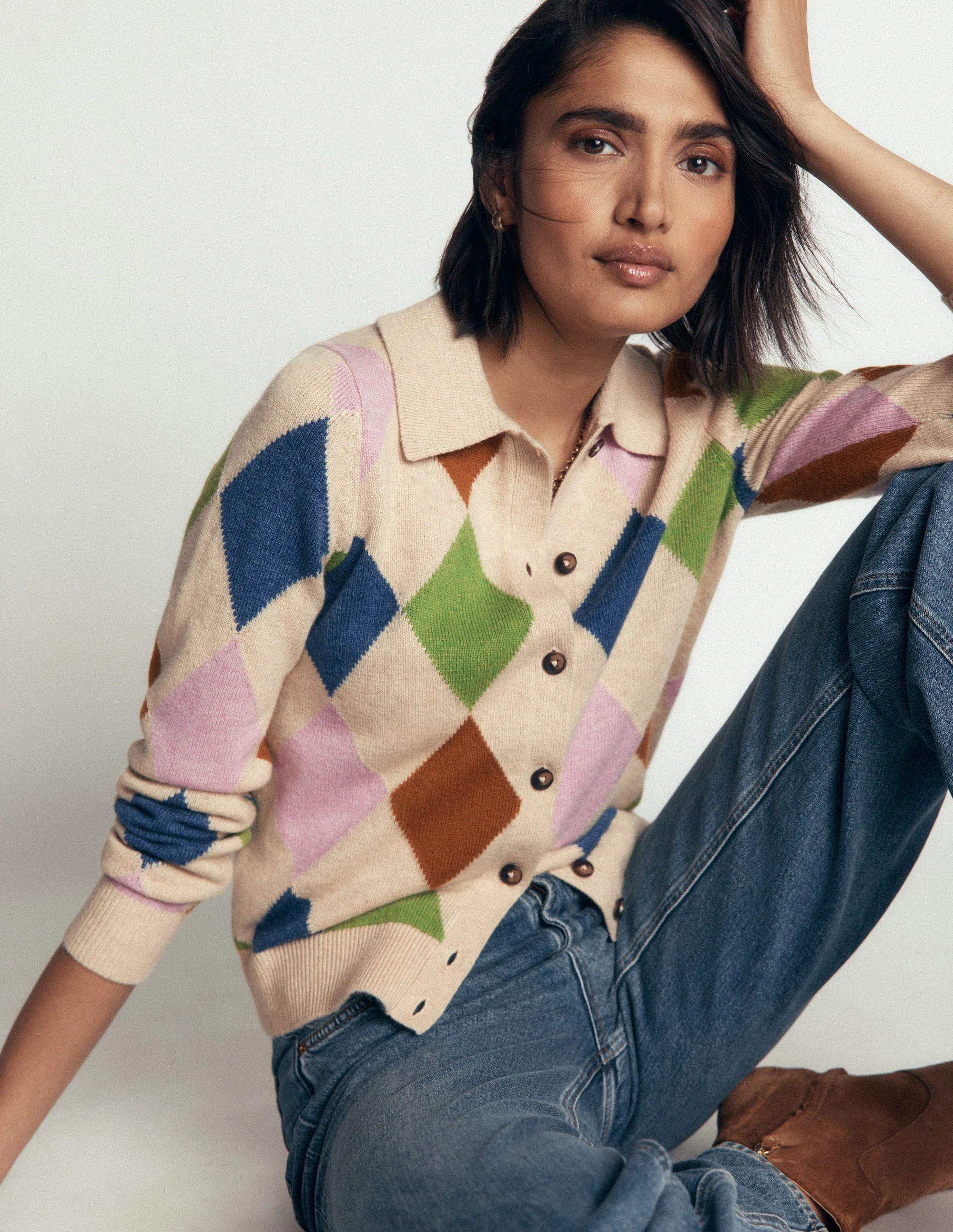 Ariadne Wool Blend Cardigan-Oatmeal Melange, Multi Argyle | Boden (US)