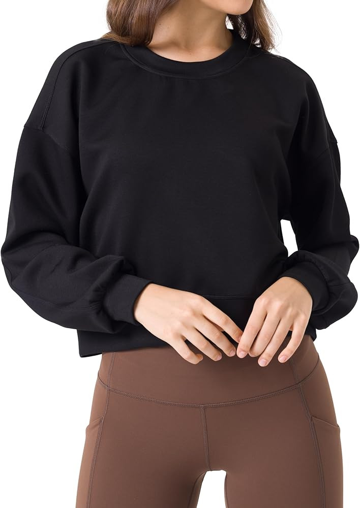 YUNOGA Womens Sweatshirts Crewneck Cropped Oversized Pullover Sweaters Solid Color Long Sleeve To... | Amazon (US)