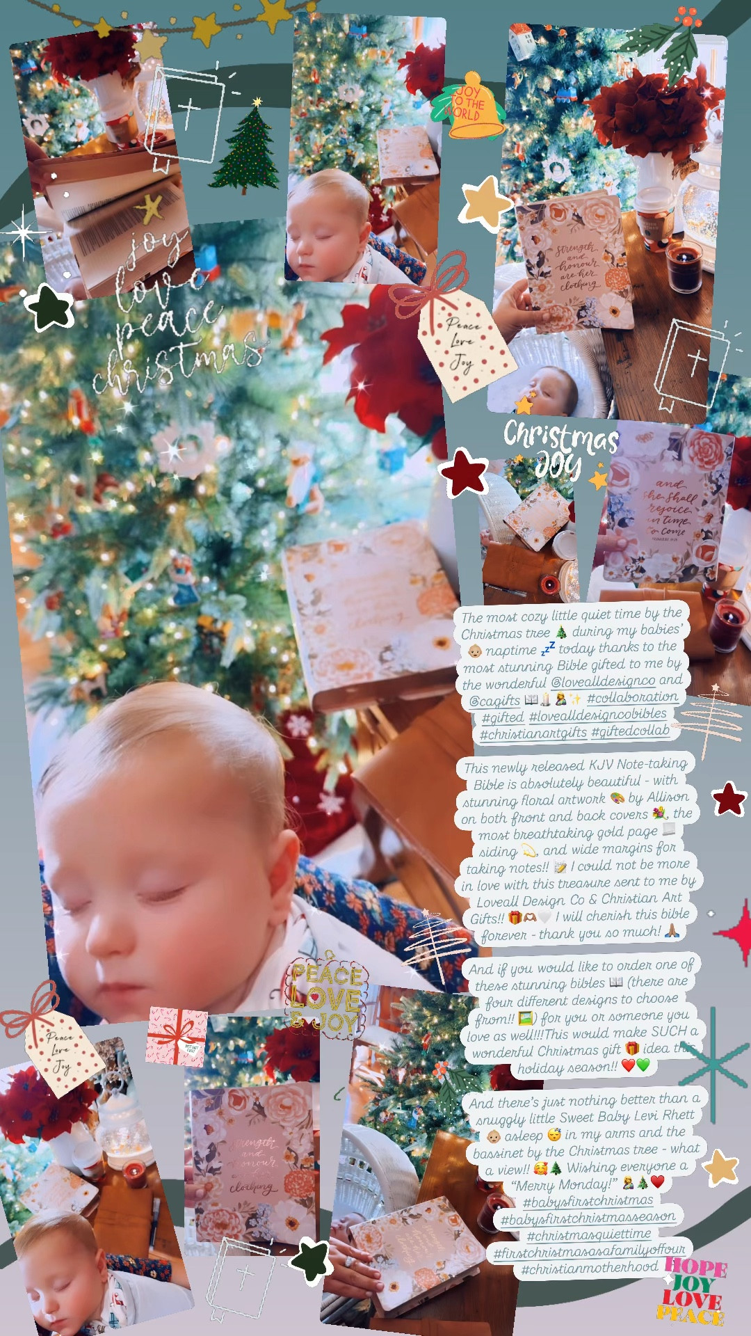 The most cozy little quiet time by the Christmas tree 🎄 during my babies’ 👶🏼 naptime 💤 today thanks to the most stunning Bible gifted to me by the wonderful @lovealldesignco and @cagifts 📖🕯️🤱✨ #collaboration #gifted #lovealldesigncobibles #christianartgifts #giftedcollab 

This newly released KJV Note-taking Bible is absolutely beautiful - with stunning floral artwork 🎨 by Allison on both front and back covers 💐, the most breathtaking gold page 📃 siding 💫, and wide margins for taking notes!! 📝 I could not be more in love with this treasure sent to me by Loveall Design Co & Christian Art Gifts!! 🎁🫶🏽🤍 I will cherish this bible forever - thank you so much! 🙏🏽

And if you would like to order one of these stunning bibles 📖 (there are four different designs to choose from!! 🖼️) for you or someone you love as well!!!This would make SUCH a wonderful Christmas gift 🎁 idea this holiday season!! ❤️💚

And there’s just nothing better than a snuggly little Sweet Baby Levi Rhett 👶🏼 asleep 😴 in my arms and the bassinet by the Christmas tree - what a view!! 🥰🌲 Wishing everyone a “Merry Monday!” 🤱🎄♥️ #babysfirstchristmas #babysfirstchristmasseason #christmasquiettime #firstchristmasasafamilyoffour #christianmotherhood  

#LTKHoliday #LTKBaby #LTKSeasonal
