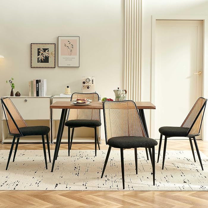 NORDICANA Kitchen & Dining Room Chairs Set of 4, Modern Kitchen Rattan Back Armless Chairs, Black... | Amazon (US)