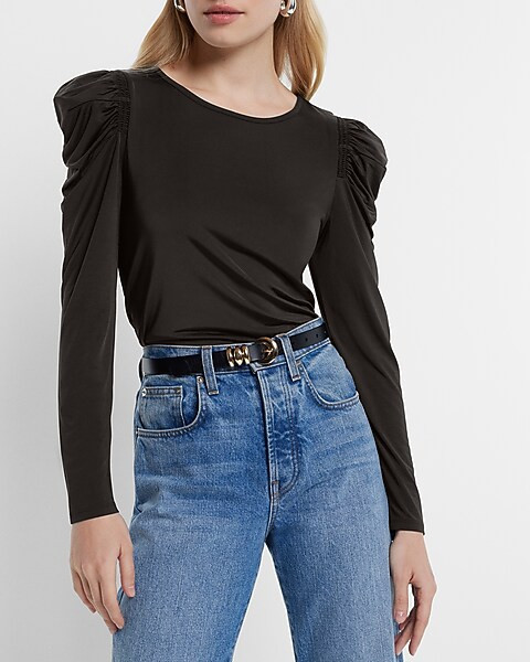 Sheen Jersey Long Sleeve Puff Shoulder Top | Express