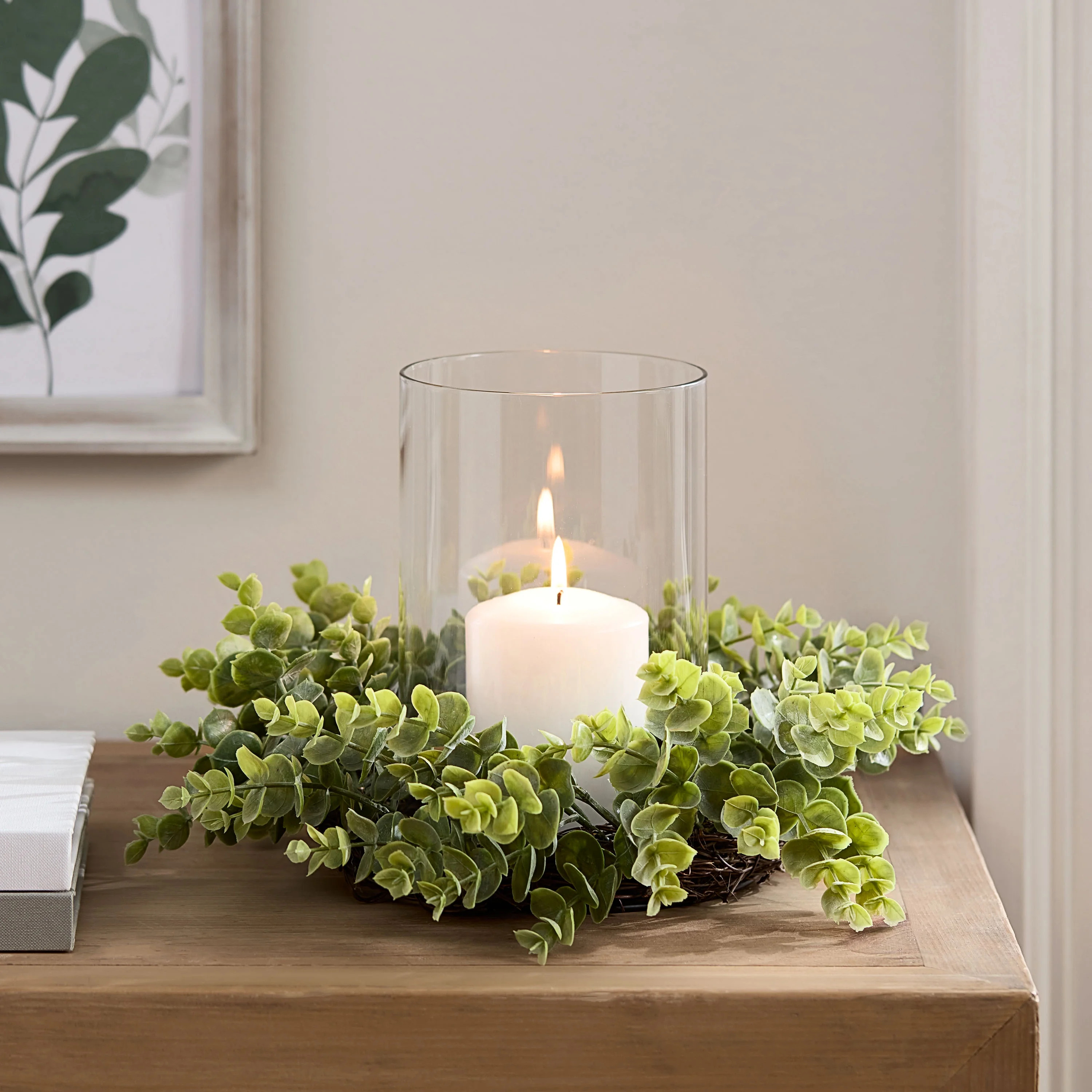 Mainstays Clear Glass Hurricane Candleholder with Green Faux Eucalyptus and Rattan Ring and Iron Base | Walmart (US)