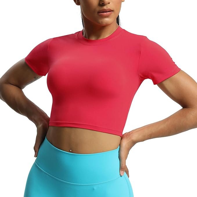Aoxjox Short Sleeve Crop Tops for Women Classic Longline Workout Crop T Shirt Top | Amazon (US)