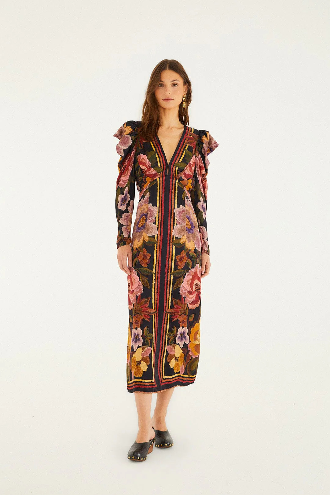 Black Chenille Flowers Lenzing� Ecovero� Viscose Midi Dress | FARM Rio | FarmRio (US)