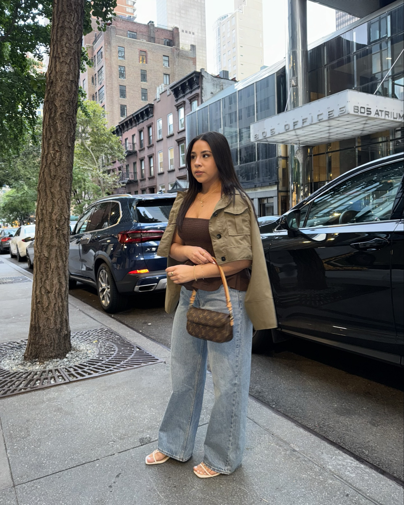 Dinner outfit idea 
Baggy abercrombie jeans: 4 short 
Brown babydoll top: xs 
Green cropped jacket: linked similar 
White strappy kitten heels: 6.5 
Custom name gold necklace 
LV ivy wallet on chain bag 

#LTKSaleAlert #LTKStyleTip #LTKNYFW