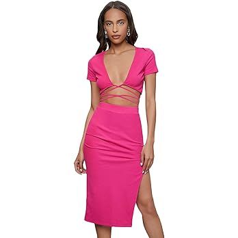 Floerns Women's 2 Piece Outfit Crisscross Tie Back Crop Top Split Hem Skirt Set | Amazon (US)