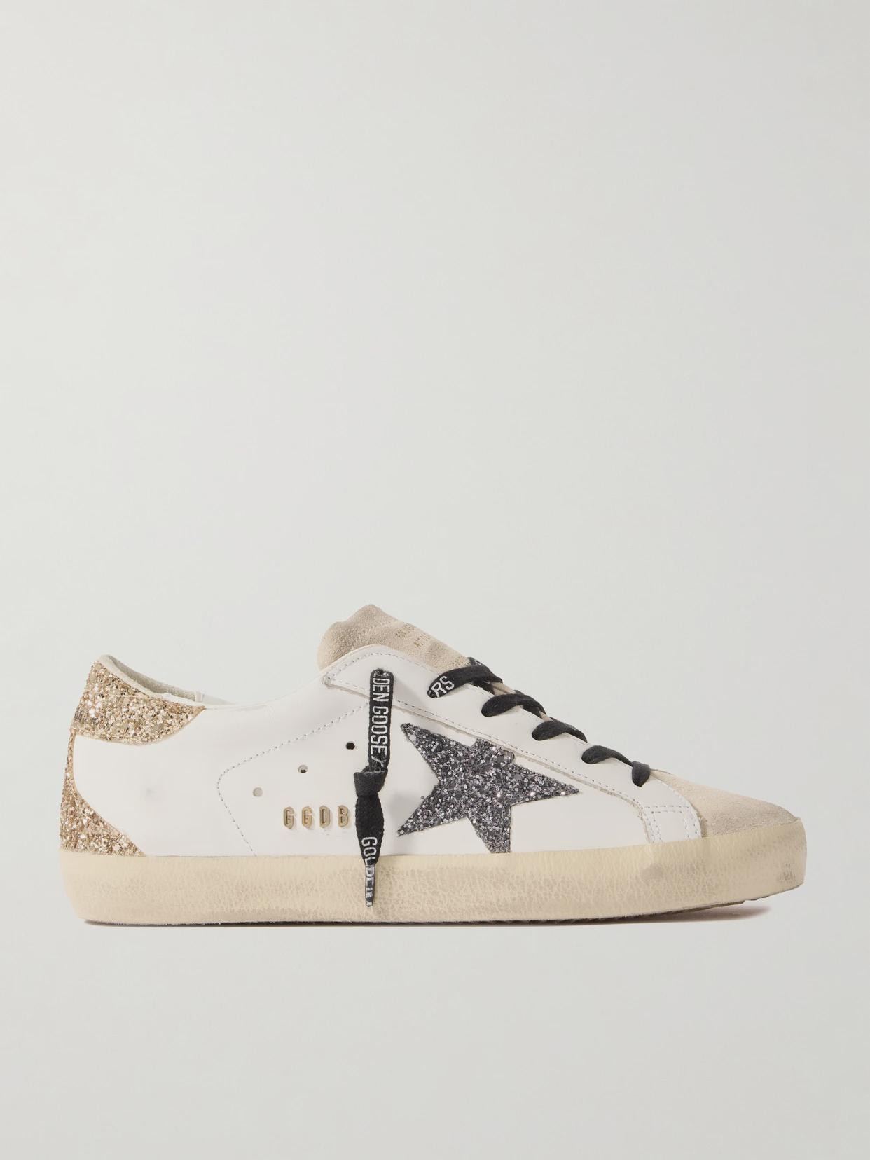 Golden Goose - Super-star Distressed Suede-trimmed Glittered Leather Sneakers - White | NET-A-PORTER (US)