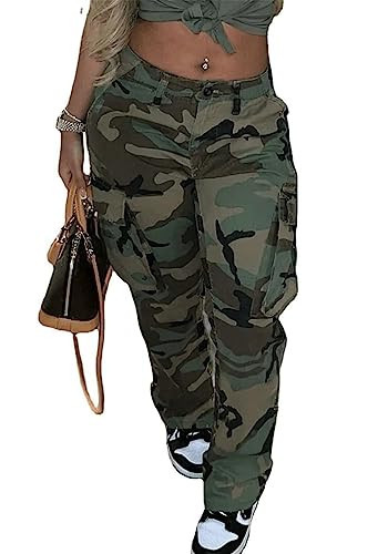 Vakkest Womens Camo Cargo Pants Casual Streetwear BF Outdoor Camouflage Trouser High Waisted Baggy Workout Sweatpants | Amazon (US)