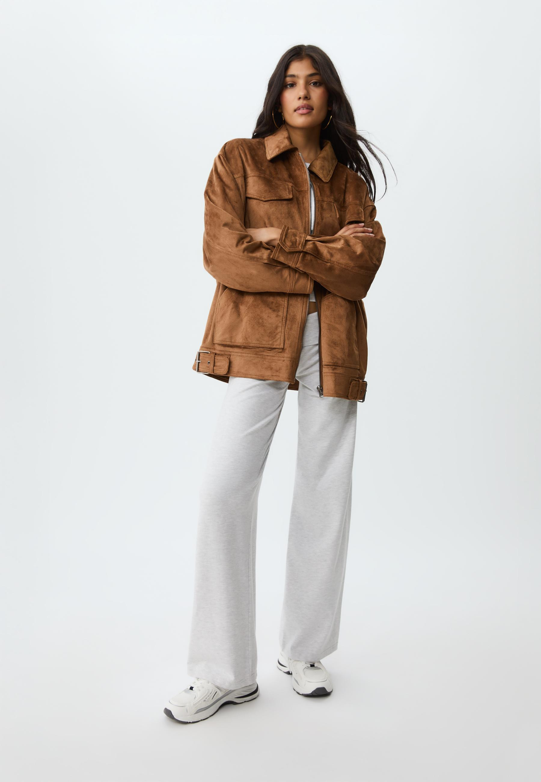 Faux suede jacket with buckles - Women's Latest trends | Stradivarius United Kingdom | Stradivarius (UK)