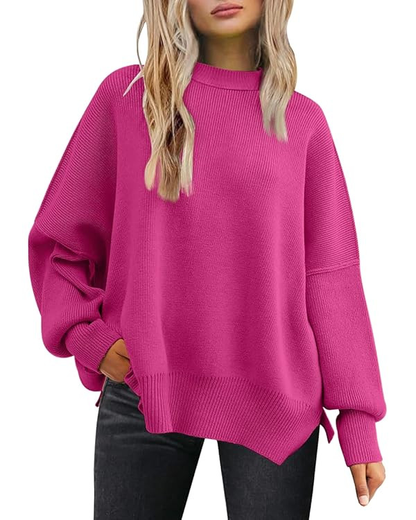 LILLUSORY Women's Crewneck Batwing Long Sleeve Sweaters 2024 Fall Oversized Ribbed Knit Side Slit... | Amazon (US)
