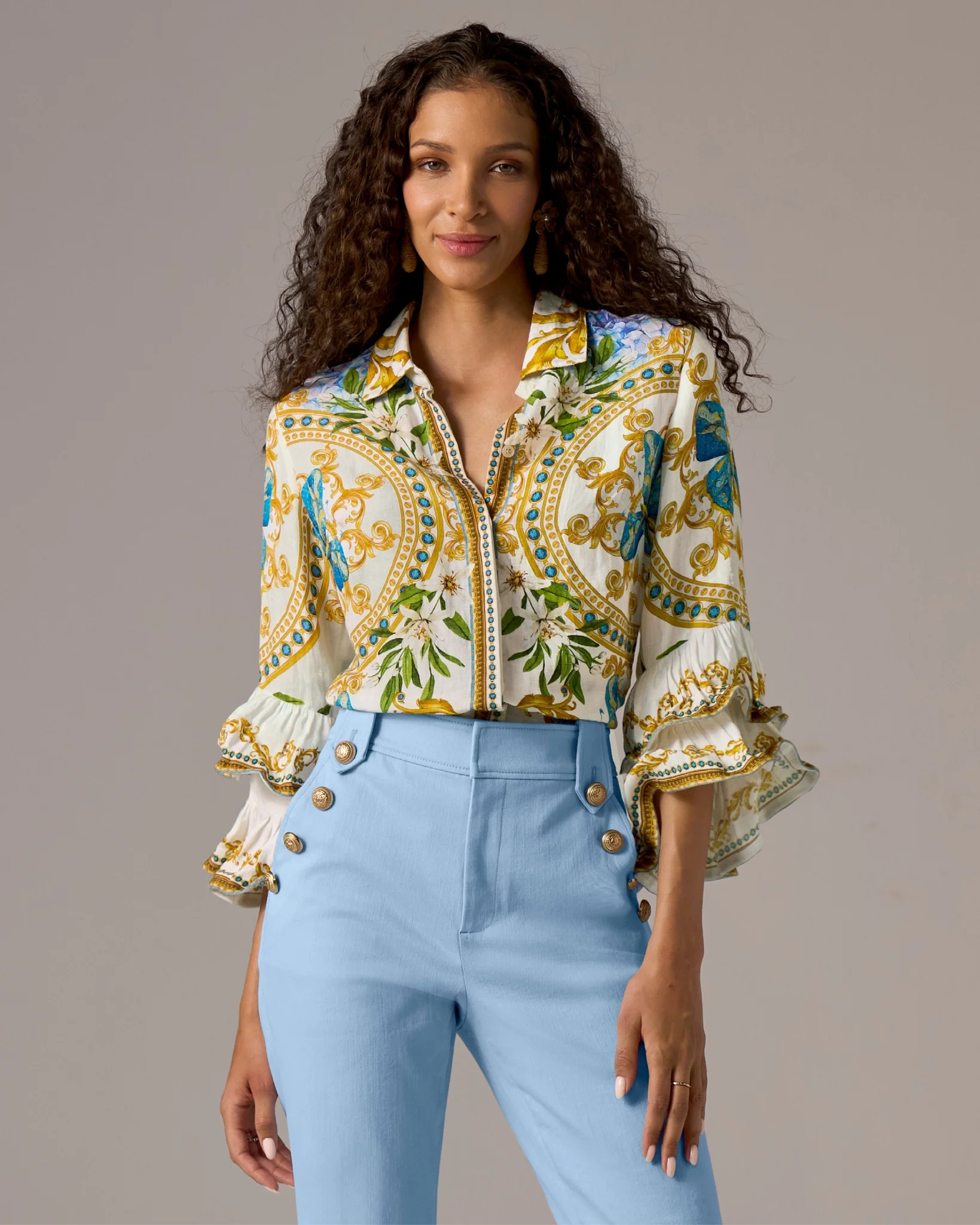 Printed Linen Drama Ruffle Sleeve Shirt - Butterfly Garden | Boston Proper