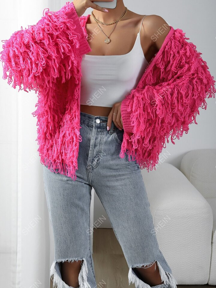 SHEIN BAE Shaggy Knit Duster Cardigan | SHEIN