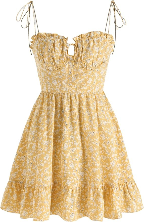 CIDER Santorini Beach Vacation Ditsy Floral Tie Shoulder Mini Dress | Amazon (US)