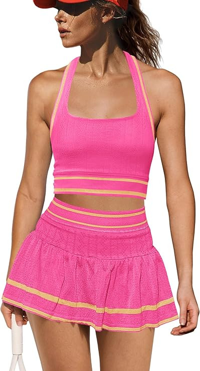 Yanekop Womens Tennis Skirt Set 2 Piece Workout Sets Golf Outfits Athletic Sets Cropped Tank Top ... | Amazon (US)