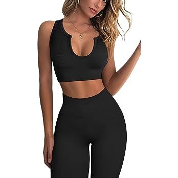 QINSEN Workout Outfits for Women 2 Piece Ribbed Seamless Crop Tank High Waist Yoga Leggings Sets | Amazon (US)