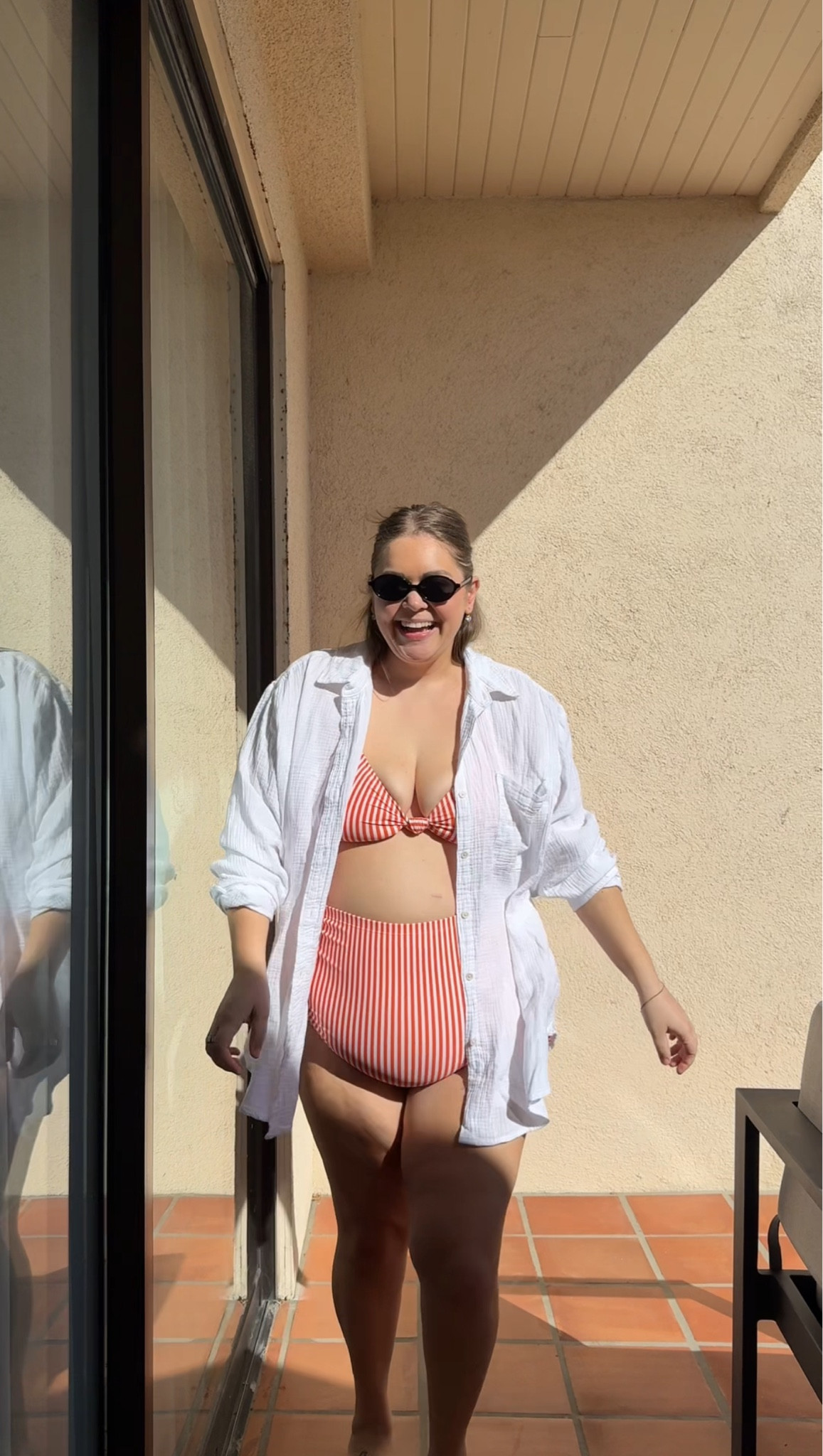 Plus size beach day outfit wearing size 1 in bikini and xl in linen shirt 

#LTKPlusSize