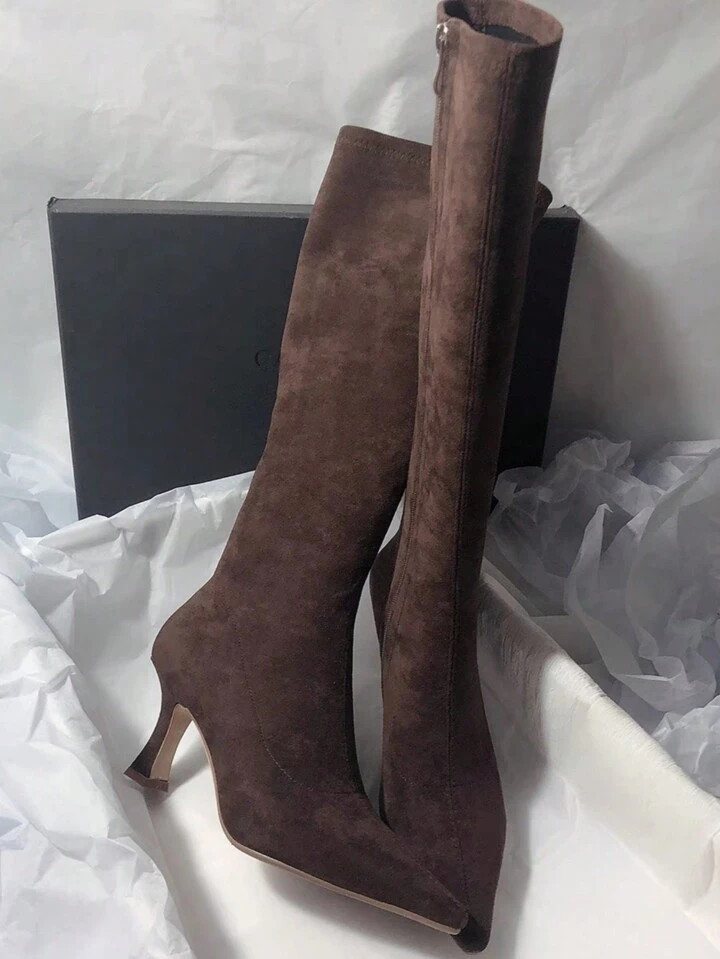 Korean Version Minimalist Knee-High Boots, Elastic Suede Skinny Pointed Toe High Heel Boots With ... | SHEIN