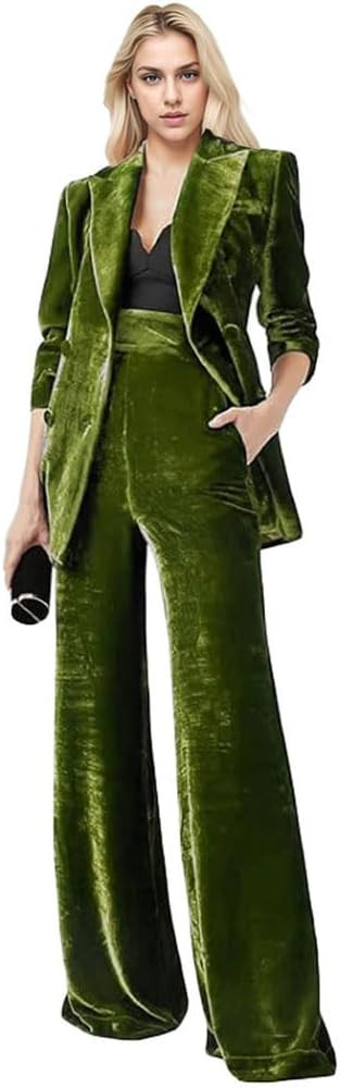 Women's 2 Piece Velvet Suit Office Work Suit Notch Lapel Double Breasted Blazer Pants Business Su... | Amazon (US)