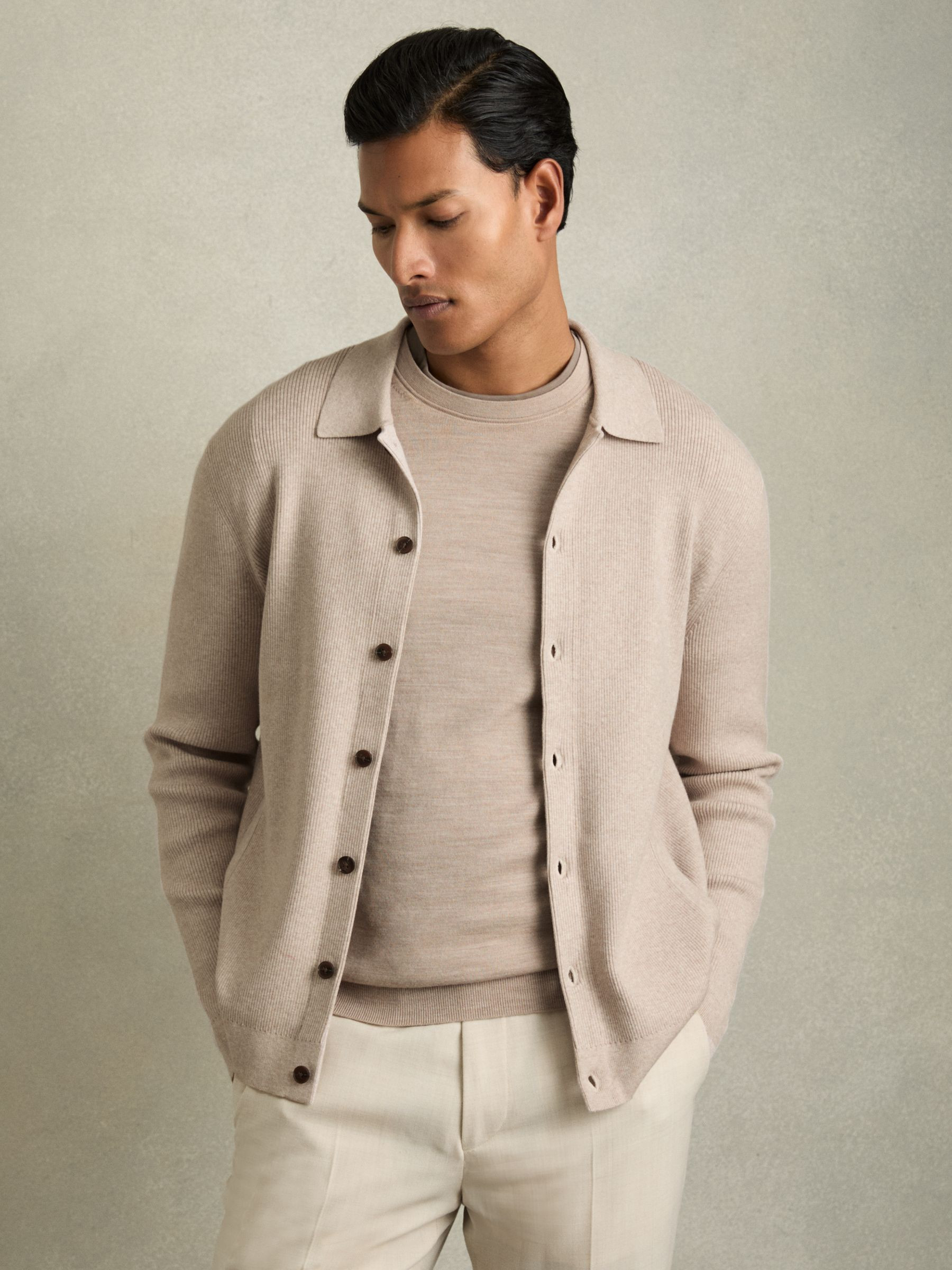Reiss Fine-Ribbed Button-Through Cardigan in Oatmeal Melange - REISS | Reiss UK