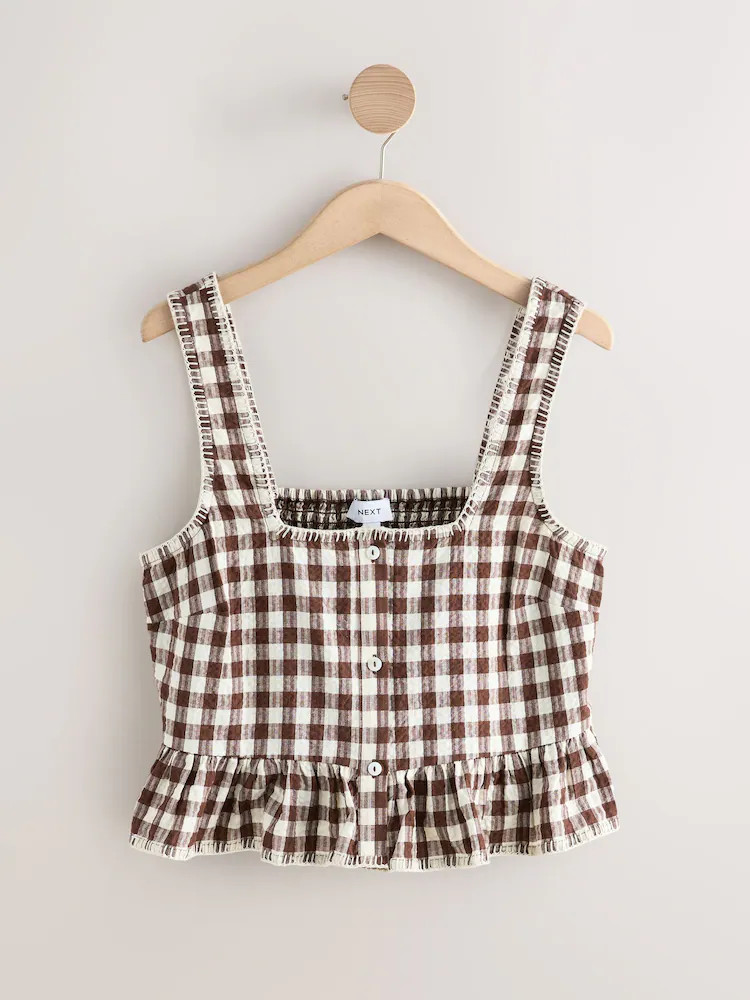 Chocolate Brown Gingham Peplum Square Neck Top | Next EU