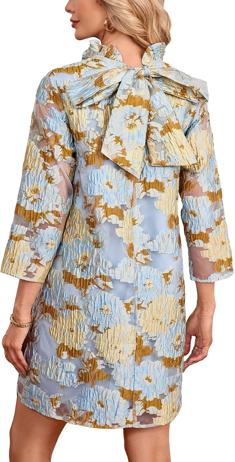 Women's Floral Jacquard Shift Dress Mini 3/4 Sleeve Ruffle Collar Bow Tie Elegant Cocktail Party Sheer Mesh Dresses | Amazon (US)