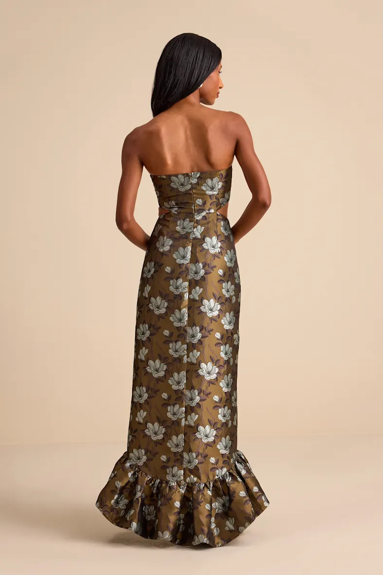 Nathania Olive Floral Jacquard Strapless Bubble-Hem Maxi Dress | Lulus
