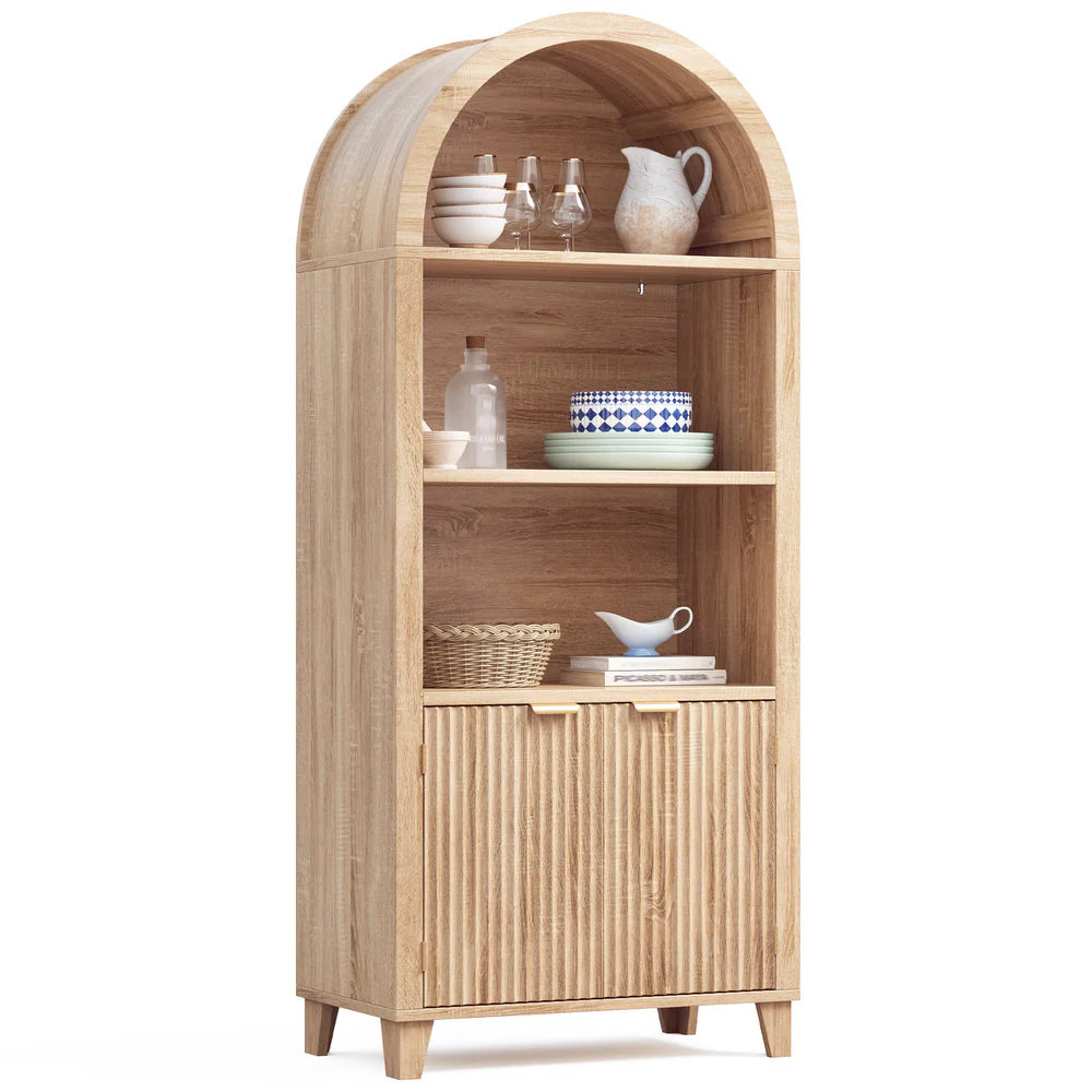 Raybee 5-Tier Wood Bookcase Arched Cabinet Half Open Bookcase with Doors and Adjustable Shelves (31.5-in W x 66.9-in H x 15.7-in D) Finished Light | Lowe's