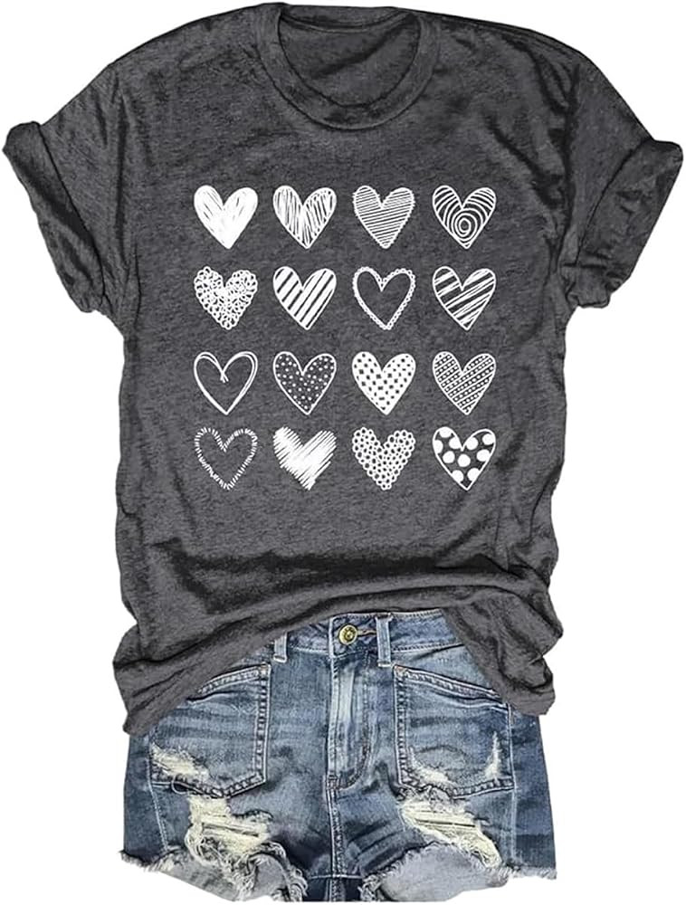 Womens Valentines T-Shirt Print Graphic Tees Cute Love Heart Shirts Casual Short Sleeve | Amazon (US)