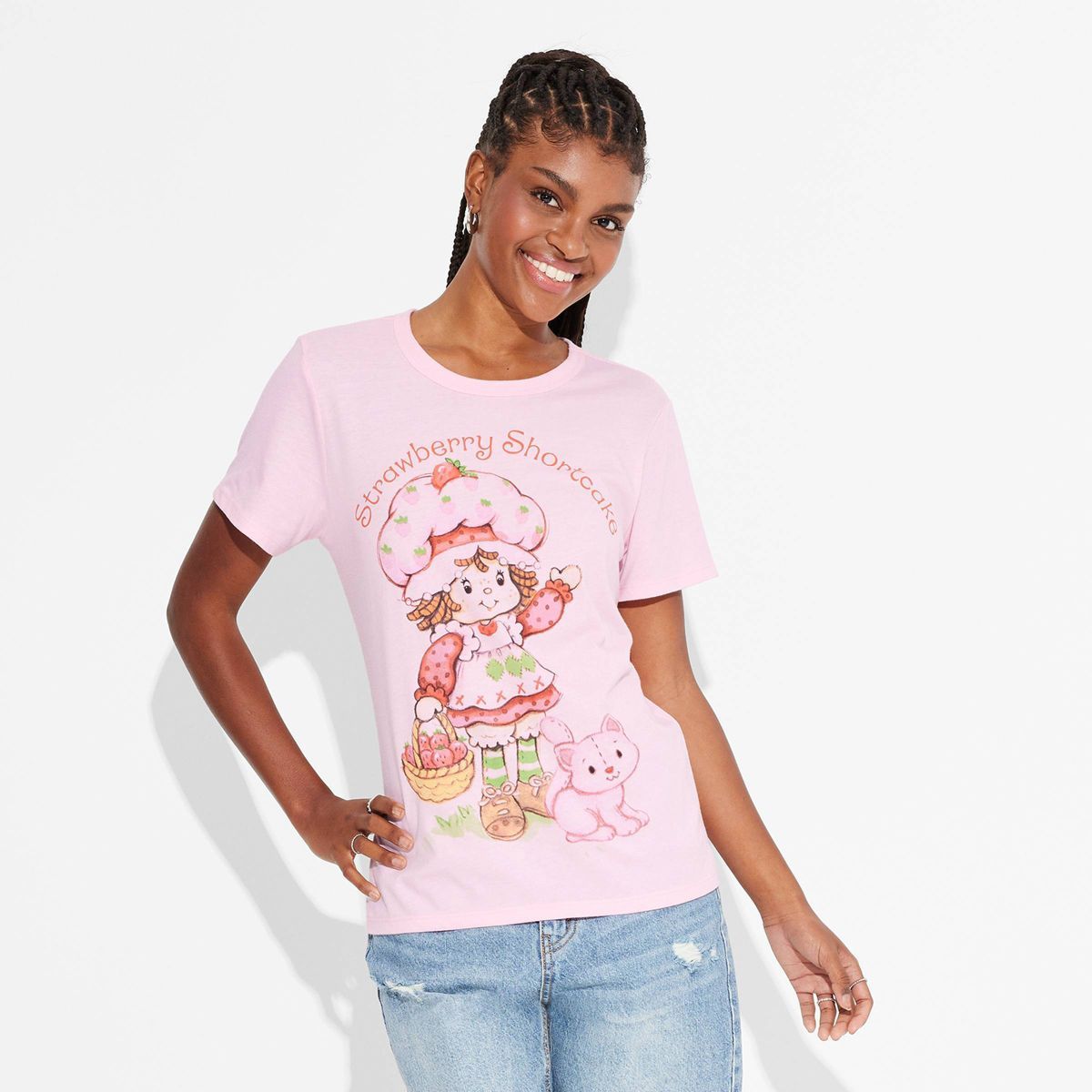 Women's Oversized Print Strawberry Shortcake Short Sleeve Graphic T-Shirt - Pink | Target