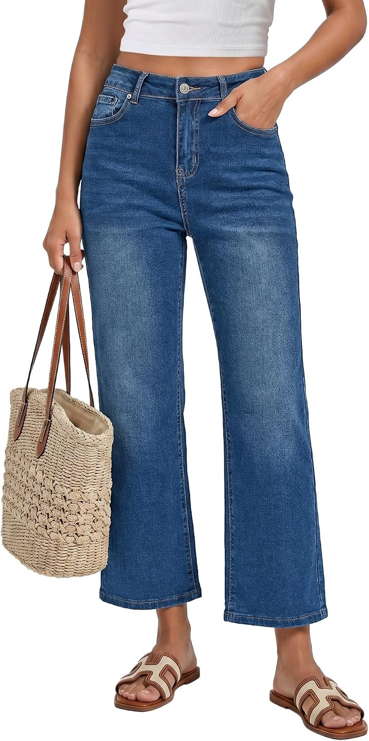 GRAPENT Jeans for Women Trendy High Waisted Loose Straight Leg Stretchy Denim Ankle Pants Cropped Jeans with Pockets | Amazon (US)